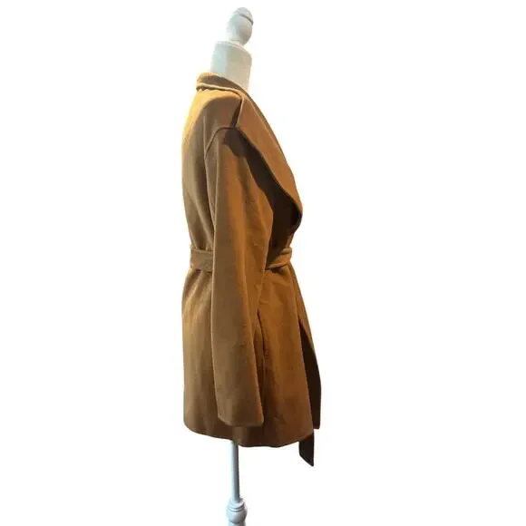Goelia “Coffee Brown” Wrap Coat L 100% Wool Shell with Silk-Wool Texture, Belted - Picture 4 of 10